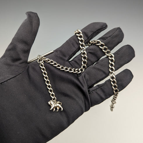 Circa 1900 British Antique Sterling Silver Albert Chain 29g Sterling Silver Lion Fob